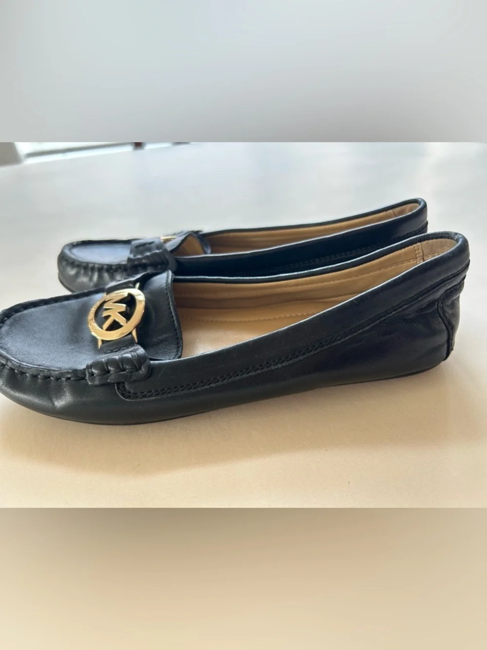 Michael Kors Black Leather Slip-On Loafers with Gold MK Medallion size 6.5